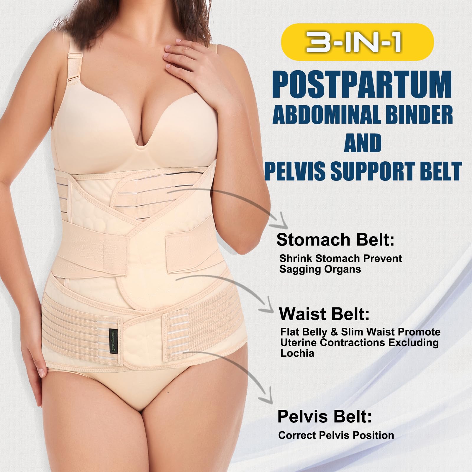 ChongErfei 3 in 1 Postpartum Support - Recovery Belly/waist/pelvis Belt Shapewear Slimming Girdle, Beige, L For Posture Correction