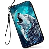 GFRGTFHYT Womens Wallet, Large Capacity RFID Blocking PU Leather Wristlet Wallets for Women Ladies Men Credit Card Holder Zipper Wallet Phone Holder Clutch Travel Purse, Moon Wolf