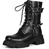 ElegaStep Women Harness Motorcycle Biker Boots Steampunk Combat Boots Chunky Mid Calf Goth Boots Lug Sole Lace up Side Zipper