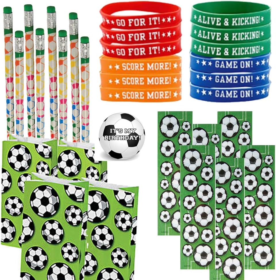 Soccer Party Favors for 24 - Soccer Pencils (24), Soccer Wrist Bands (24), Soccer Sticker Sheets (24), Soccer Theme Gift Bags (24) and Happy Birthday Sticker (Total 97 Pieces) (green/white soccer bag)