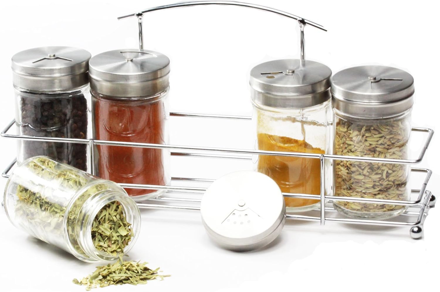 Spice Rack Chrome with 5 X Glass Multi Dispenser Rotating lids Jars