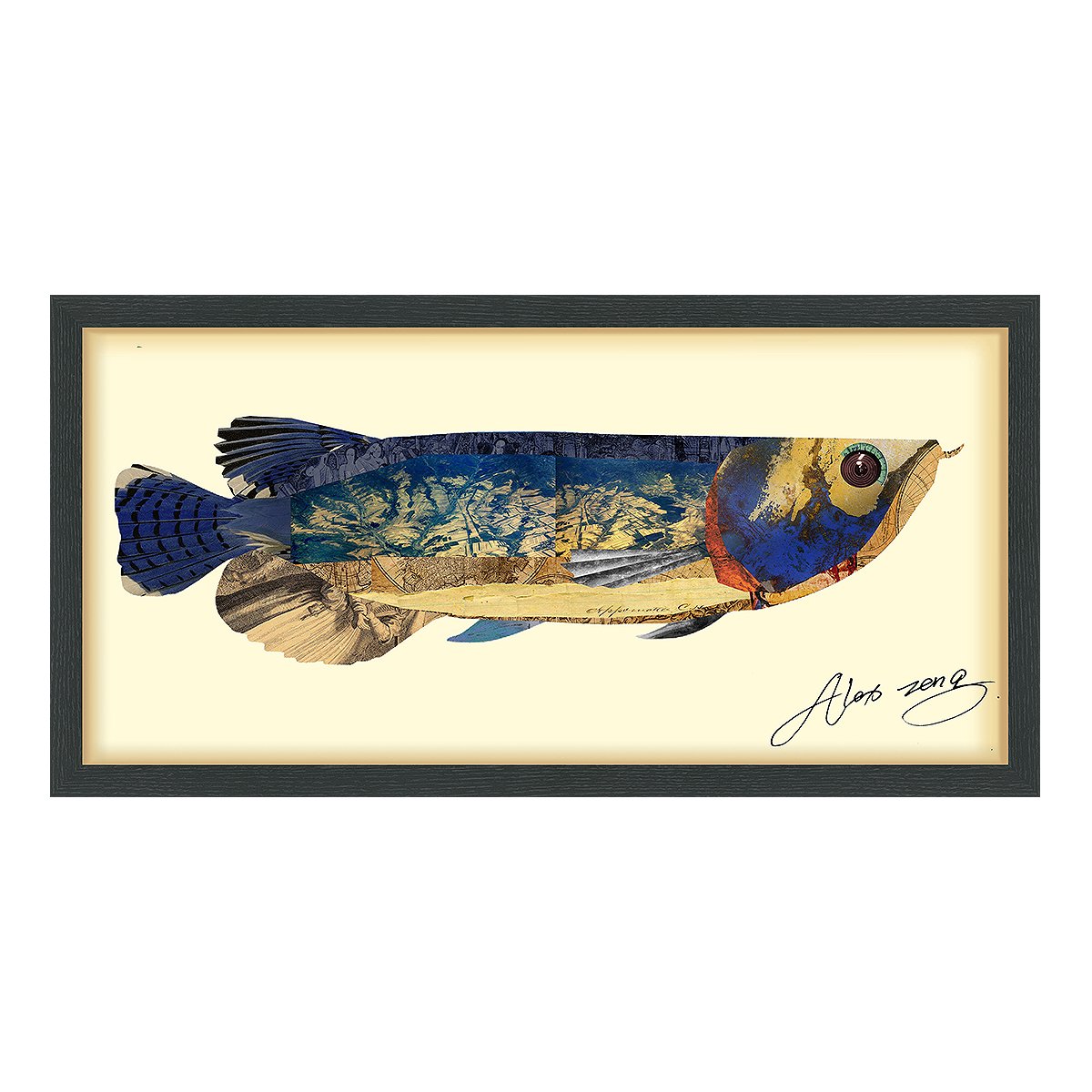 Empire Art DirectArowana Dimensional Collage Handmade by Alex Zeng Framed Graphic Fish Animal Wall Art, 17" x 33" x 1.4", Ready to Hang