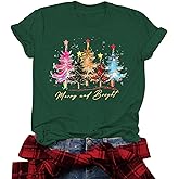 Christmas Shirts for Women Merry and Bright Shirt Xmas Tree Graphic Tee Christmas Short Sleeve Holiday Tops