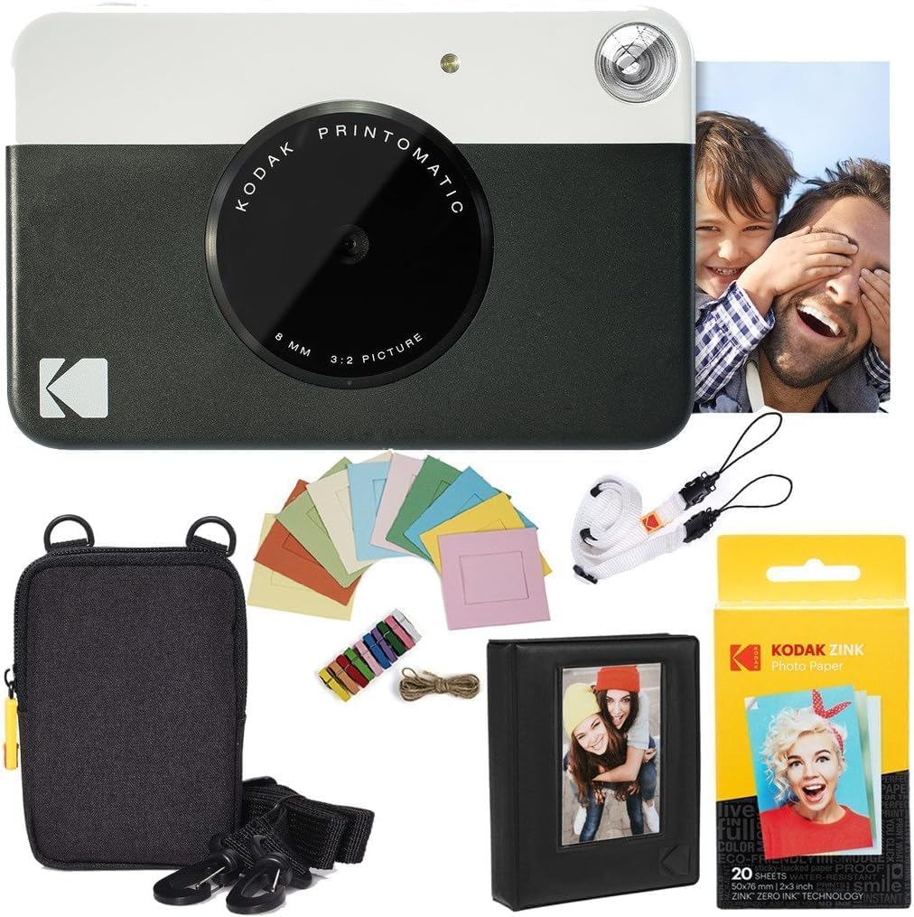KODAK Printomatic Instant Camera (Black) Deluxe Bundle + Zink Paper (20 Sheets) Case - Photo Album