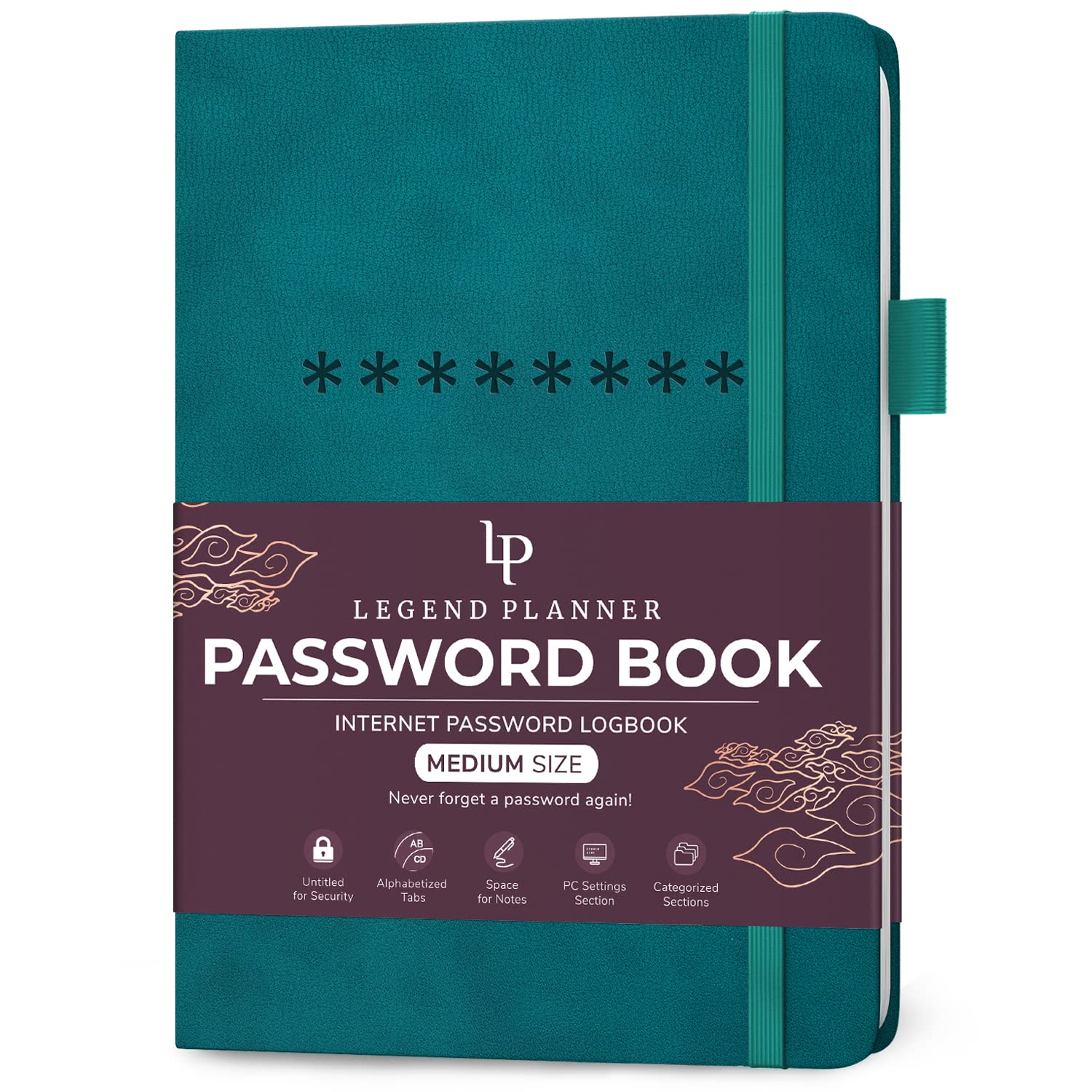 Legend Planner Password Book with Alphabetical tabs. Internet Address Keeper Logbook. Journal for Website Logins, Medium 13x19.5cm (Dark Teal)