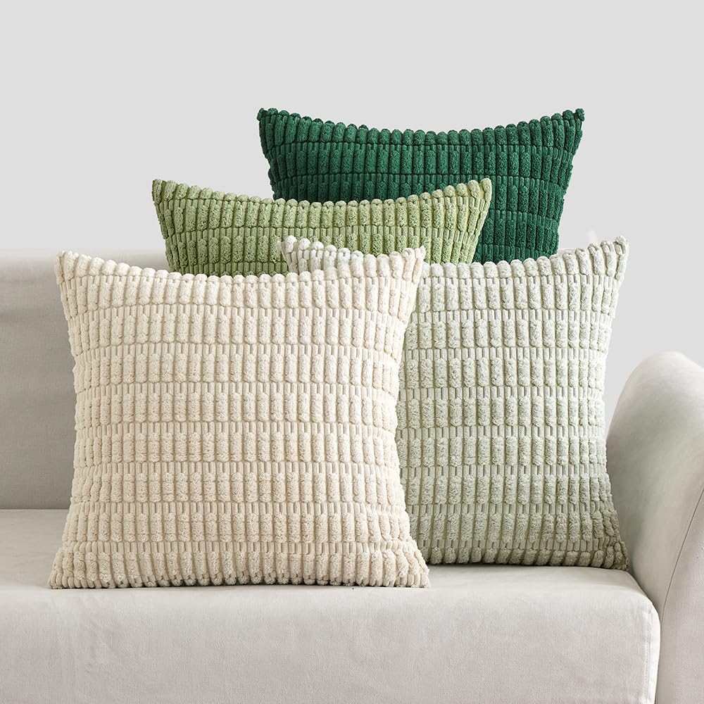 EMEMA Corduroy Cushion Covers, Set of 4, Decorative Sofa Cushions, Modern Cushion Covers, 40 x 40 cm, Decorative Cushion, Soft Decorative Cushion Cover for Living Room, Sofa, Bedroom, Green Series