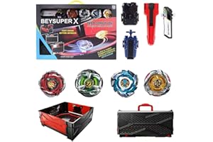 CUNJXTAN Burst Gyro All in One Portable Battle Arena Set, 4 Metal Fusion Attack Spinning Tops with 2 Two-Way Launchers & 2 Handles, Gyro Blade Battling Game Toy Gift for Kids Boys Ages 6 7 8 9 10+ (CX01-4A)