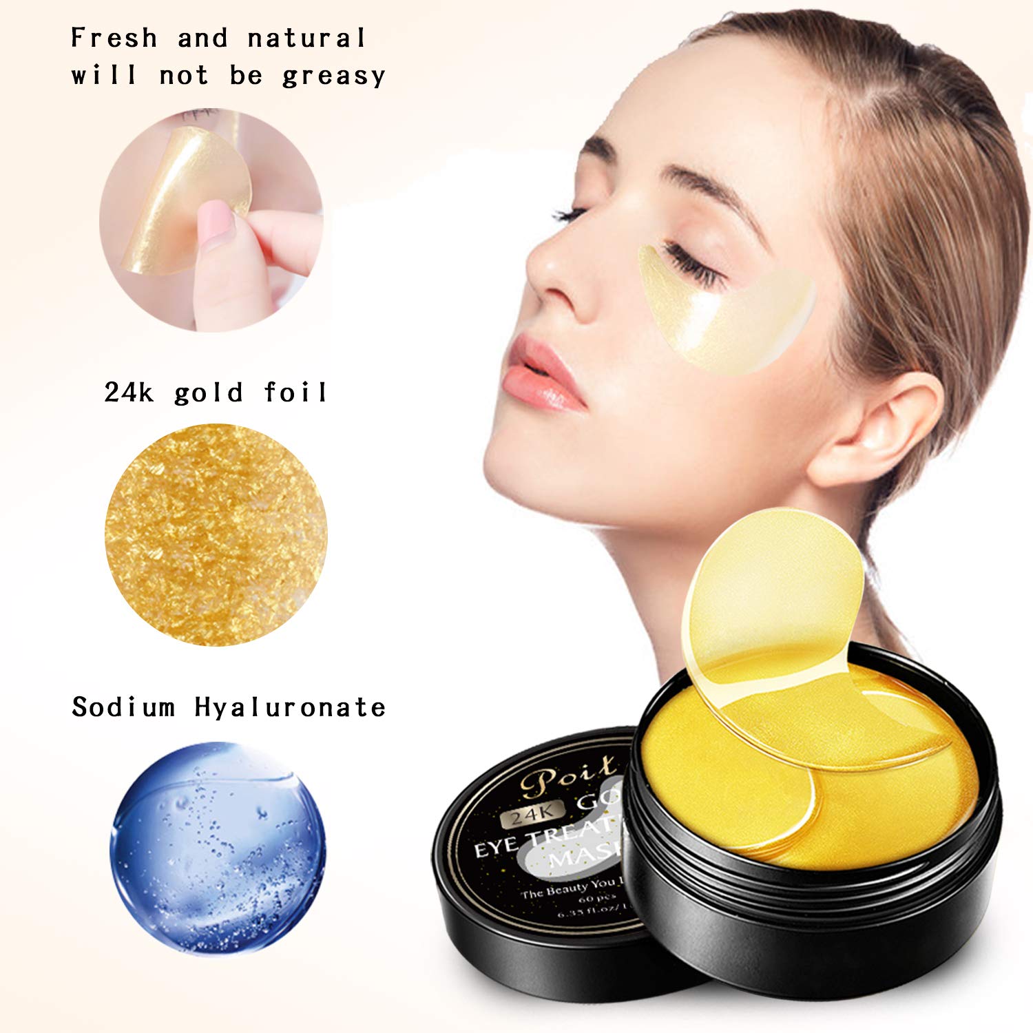 Poit Under Eye Gold Patches, Eye Gel Pads, Eye Treatment Mask, Reduces Wrinkles and Puffiness, Lightens Dark Circles, 60 PCS