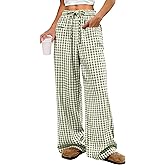 ANRABESS Womens Striped Gingham Pants 2026 Pajama Drawstring Wide Leg Lounge Plaid Pants Cute Casual Trousers with Pockets