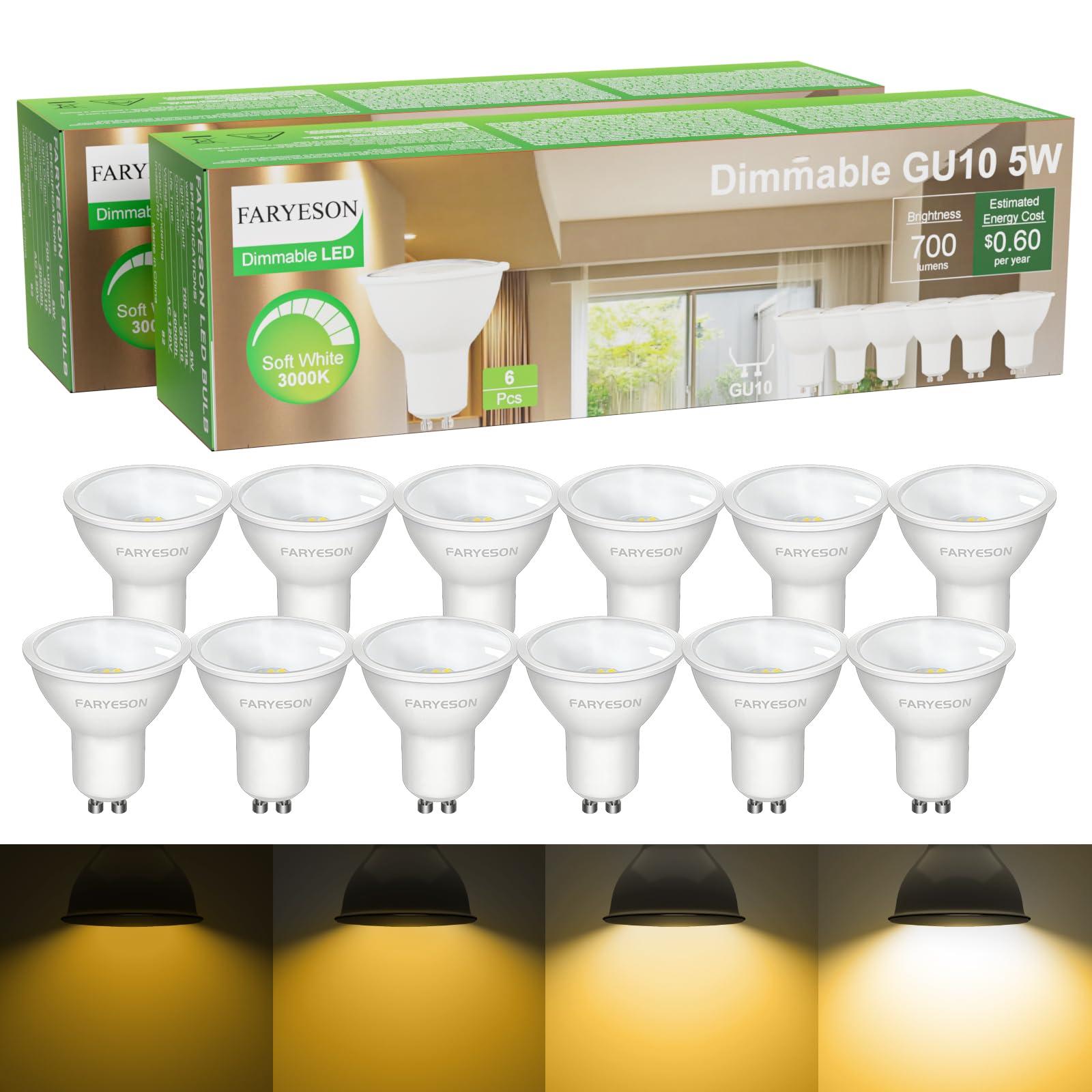 Photo 1 of faryeson Dimmable GU10 LED Light Bulbs - 5W, Soft White (3000K), 700 Lumens, Wide 110° Flood Beam, Great for Recessed and Track Lighting in Kitchens, Living Rooms, and Bedrooms, 12-Pack