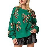cffvdiz Christmas Sweatshirts Women Sequin Cute Bow Candy Santa Graphic Oversized Long Sleeve Crewneck Xmas Pullover Tops