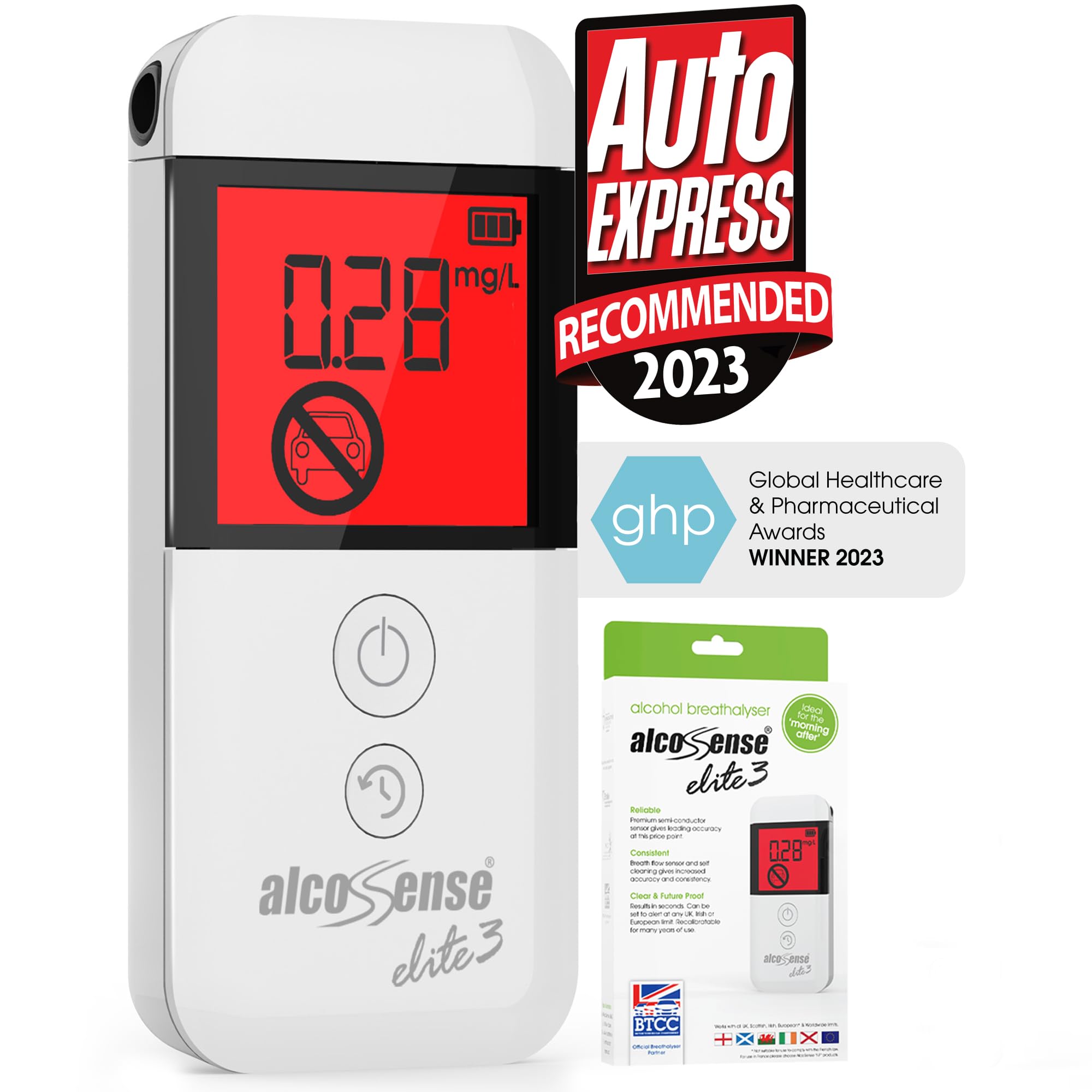 AlcoSense Elite 3 Breathalyser | Health & Pharma Award Winner 2024 | UK, Scottish & Irish Police Alcohol Limits | Home Breathalyzer Alcotester |Alcohol Test Kit