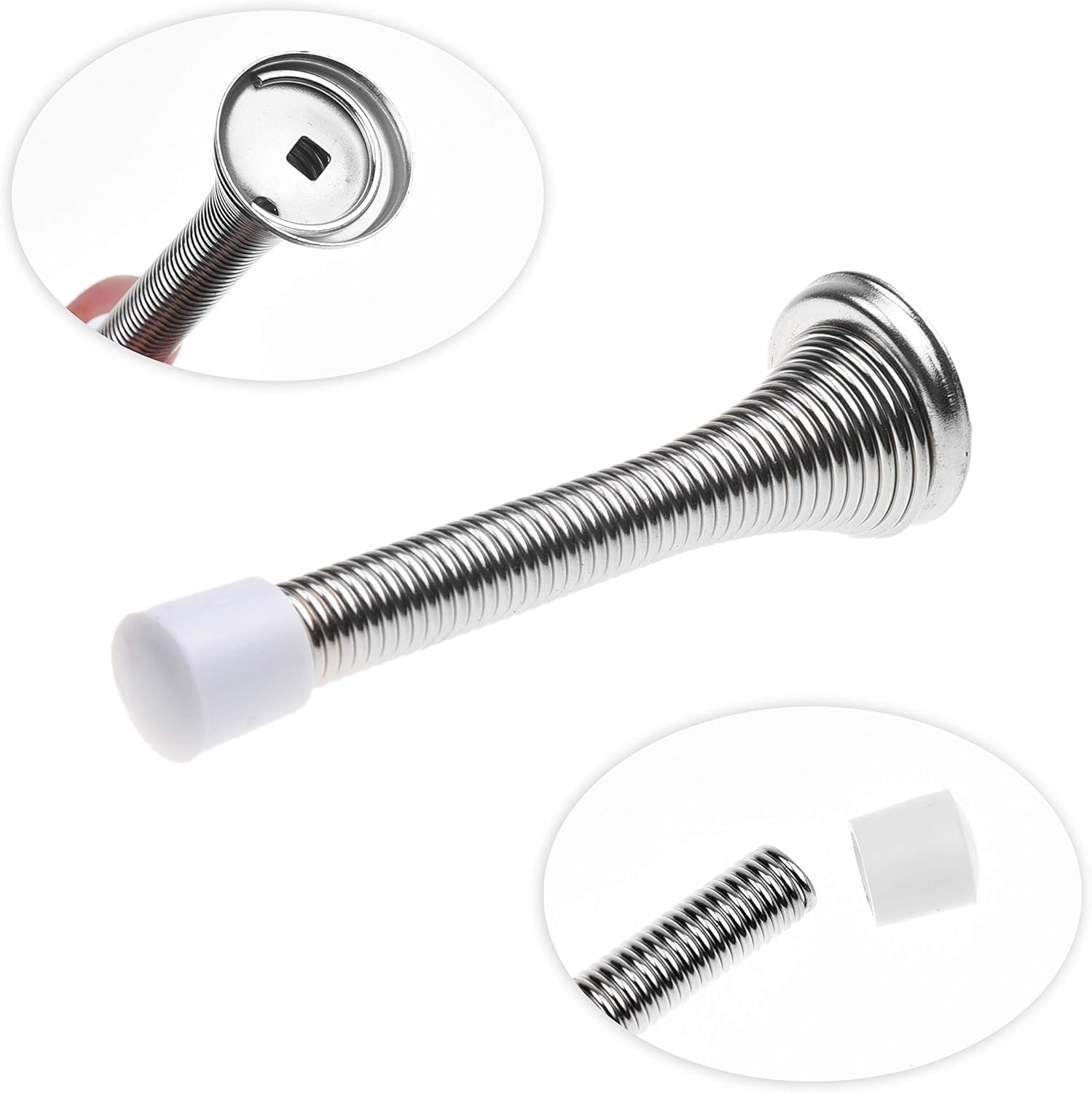 Kare & Kind 4X Spring Door Stoppers (Silver), Screw-in Flexible Steel Stoppers with White Rubber Bumper Tips - Image 4