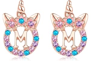 TRWWELL Cute Rose Gold Silver Initial Unicorn Hypoallergenic Stud Earrings Rhinestone Initial Letter Stud Earrings for Girls Unicorns Jewelry Gifts for Kids Toddler