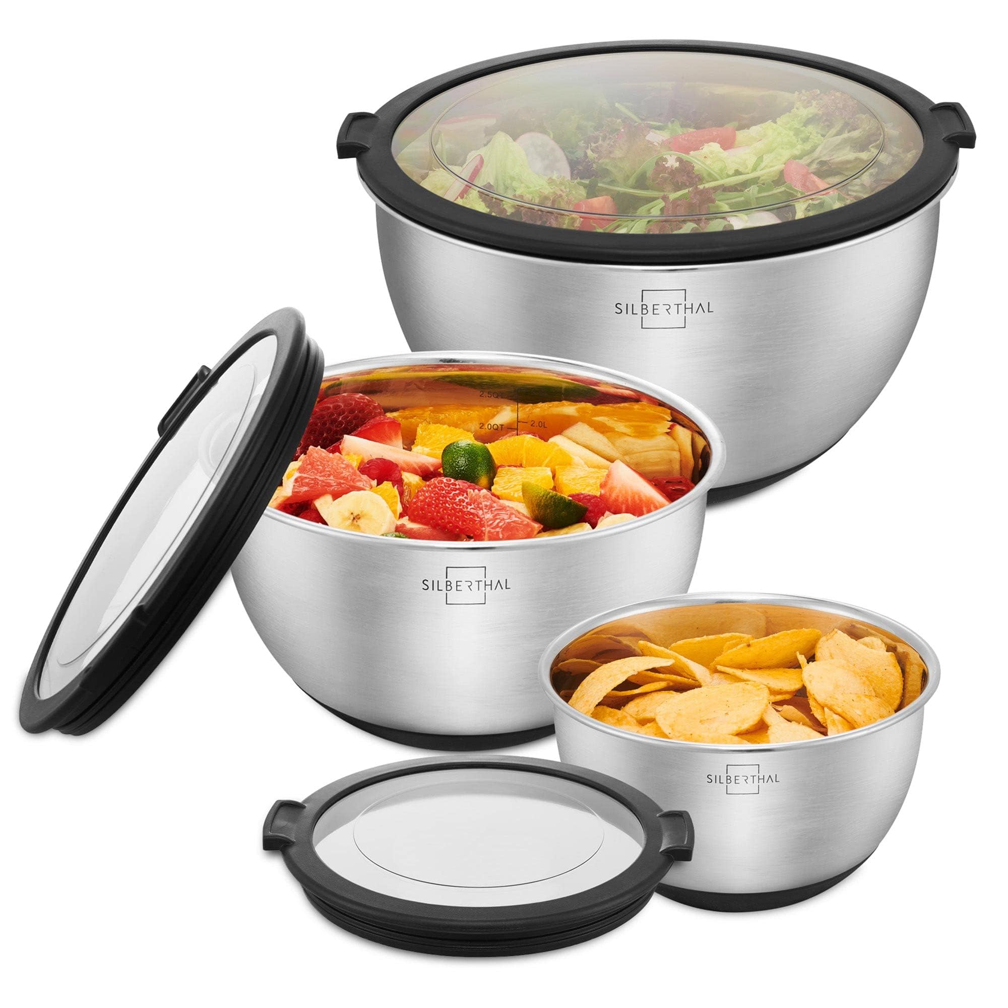 SILBERTHAL Set of 3 Salad Bowls with Airtight Lids - Stainless Steel - Graduated Scale - Stainless Steel - Ideal for Storing or Mixing