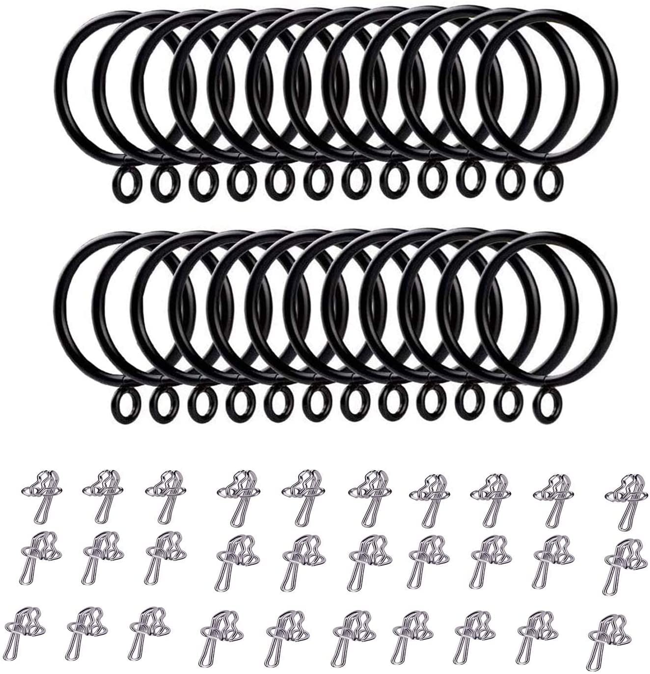 SUOXU Curtain Ring 24 pcs & Hooks 30 pcs, Black Iron, 30mm ID, Easy Install, 54 Pieces, Curtain Hardware