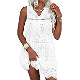 CHARTOU Women Cotton Sleeveless Eyelet Mini Dress Babydoll Lace Hollow Out Casual Summer Short Dress Flowy Sundress