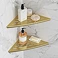 Qeke Corner Shower Shelf Brushed Golden, 304 Stainless Steel 11.5” Recessed Corner Shelf Bathroom for Tiled Wall, Floating Shower Shelves Shampoo Holder, No Drilling, 2 Pack