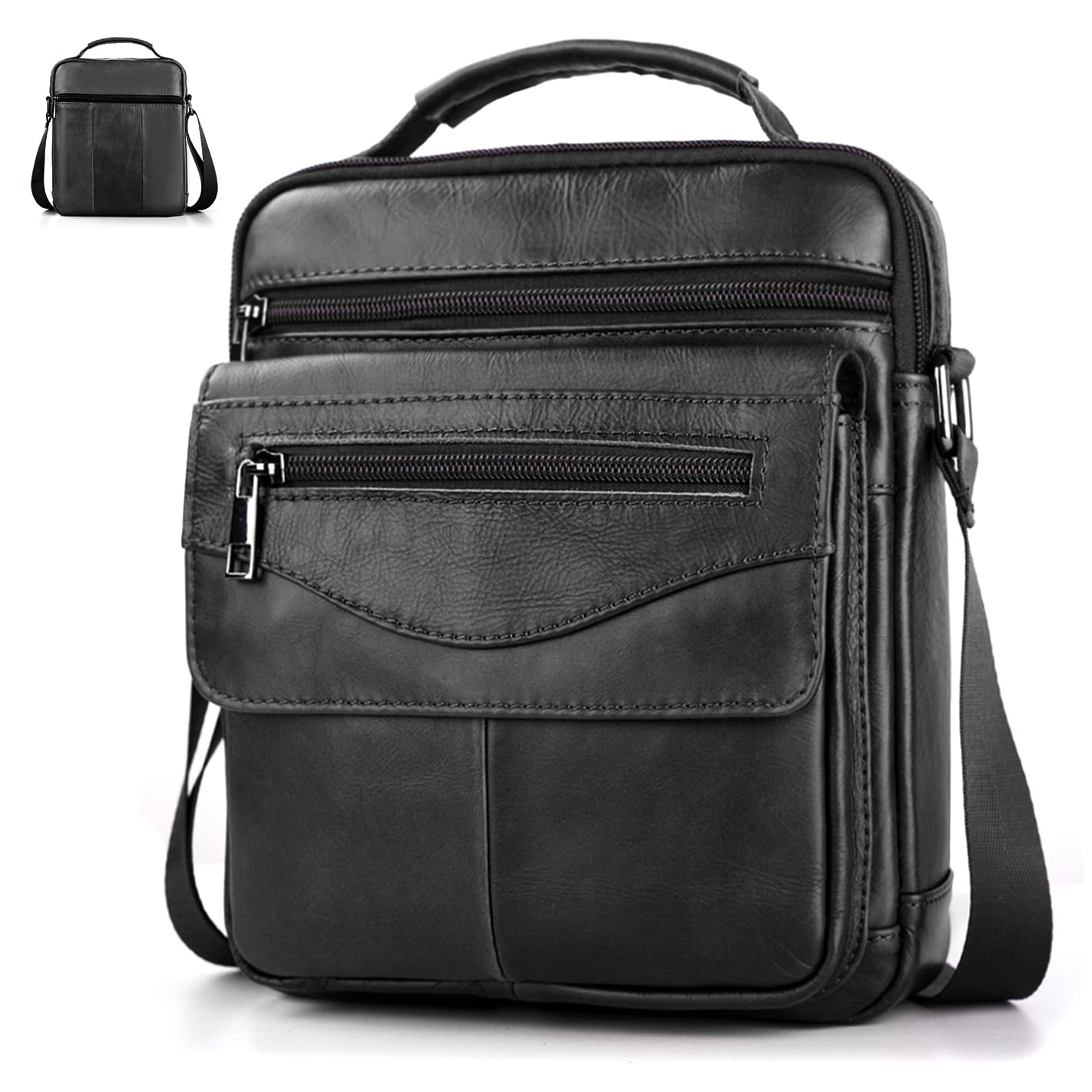 BAGZY Shoulder Bag for Men Leather Crossbody Bag Large Tablet Bag for 11 inch Pad Messenger Bag Organiser Handbag Sling Travel Business Bag for Pad/e-Book Card Holder Black