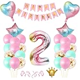 2nd Birthday Decorations for Girls - 31 Pcs Party Supplies Set with Happy Birthday Banner, Pastel Star, Heart Foil & Confetti Balloons, Crown Balloons for 2 Year Old Party Decor