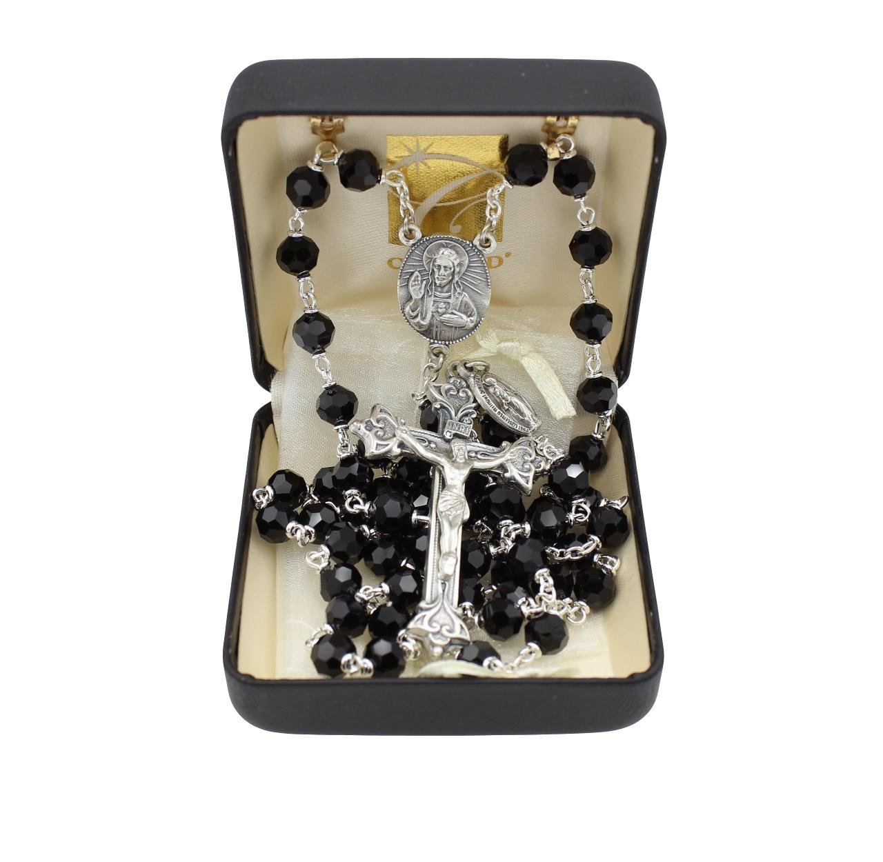 Bundle: Vienna Austrian Crystal Rosary with 7MM Black Crystal Beads with Organza Storage Bag