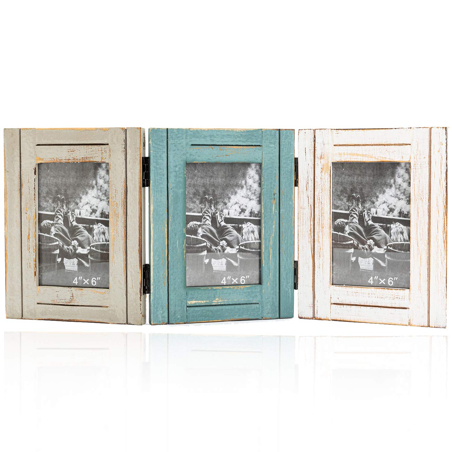 Photo 1 of RiteSune Rustic 3 Picture Frame 4X6 Triple Hinged Distressed Photo Frame for Tabletop Display, Picture College Frame Present for Holiday, Festival, Christmas