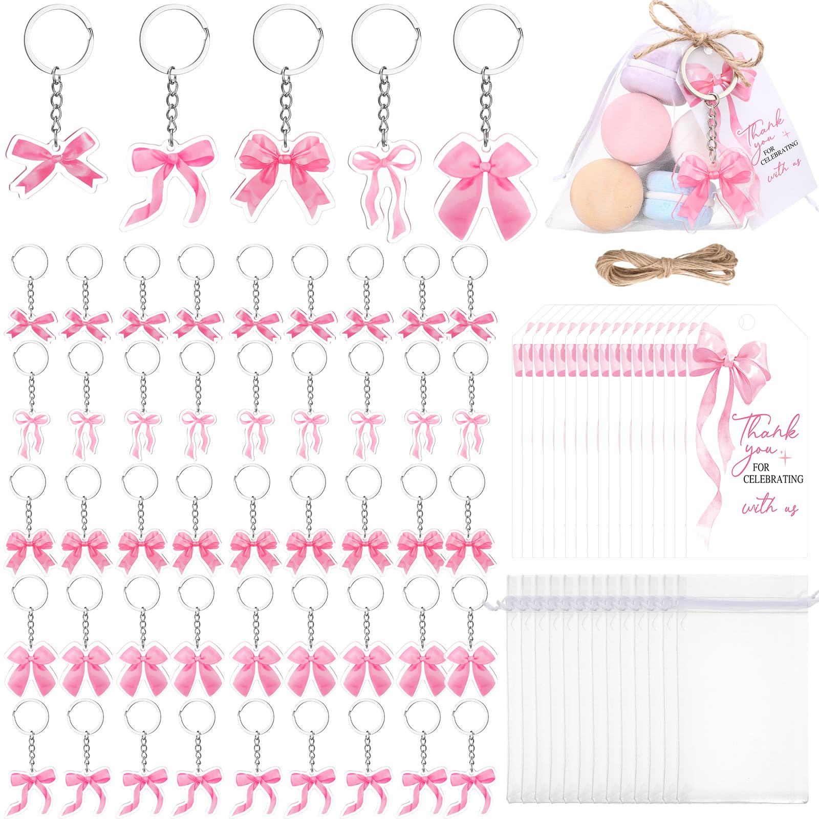 Equsion 50 Sets Pink Bow Themed Party Favors Acrylic Coquette Keychain ...