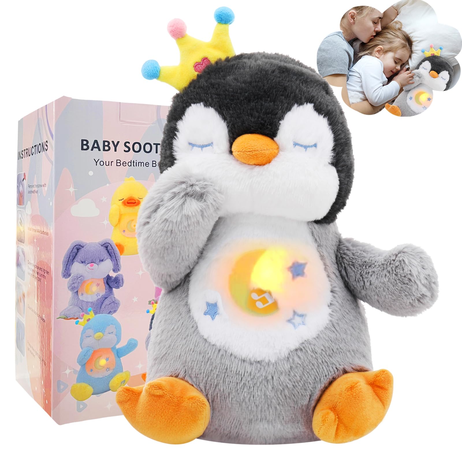 Breathing Stuffed Animal, Soothe Snuggle Penguin Plush for Anxiety Adults and Kids, Volume Control, Machine Washable, Sleep Buddy Soothing Penguin with Realistic Breathing and Lights Music, 4 Modes