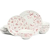 Martha Stewart Empress Bouquet 12-Piece Decorated Porcelain Chip and Scratch Resistant Dinnerware Plates and Bowls Set - Pink Floral