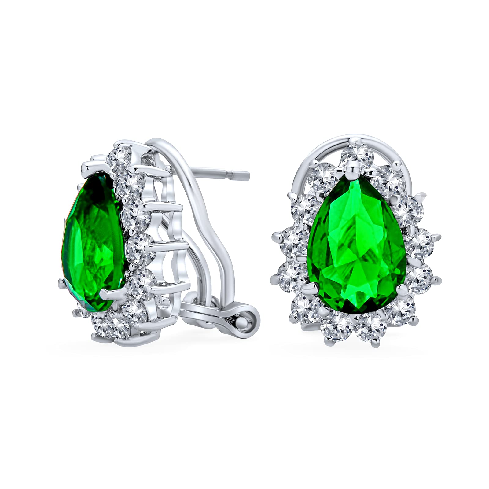 Classic Vintage Style Cocktail Wedding Party Green Emerald Simulated AAA CZ Halo Pear Shaped Teardrop Stud Earrings For Women Omega Back Silver Plated