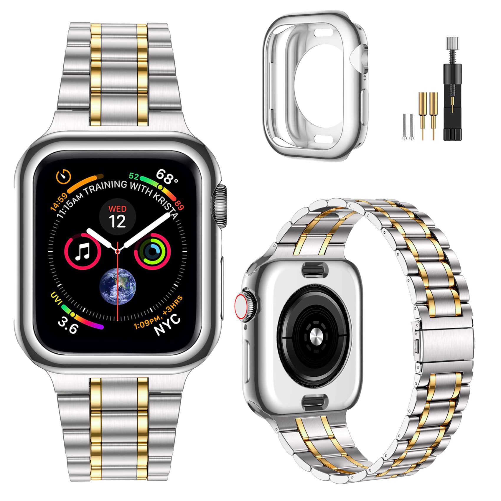Photo 1 of MioHHR Solid Stainless Steel Band Compatible with Apple Watch 46mm (Series 10), Metal Strap with Soft TPU Case for iWatch Series 10 46mm Women and Men, Silver/Gold