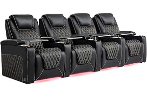 Weilianda Chic Top Grain Leather Home Theater Seating Power Headrest Recling Movie Gaming Recliner Sofa with 7 Colors Ambient Lighting, Golden Cup Holder Carbon Fiber Tray Table Row of 4 Black
