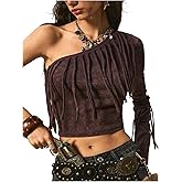 SHENHE Women's Fringe Shirts One Shoulder Crop Top Boho Tassel Long Sleeve Tops