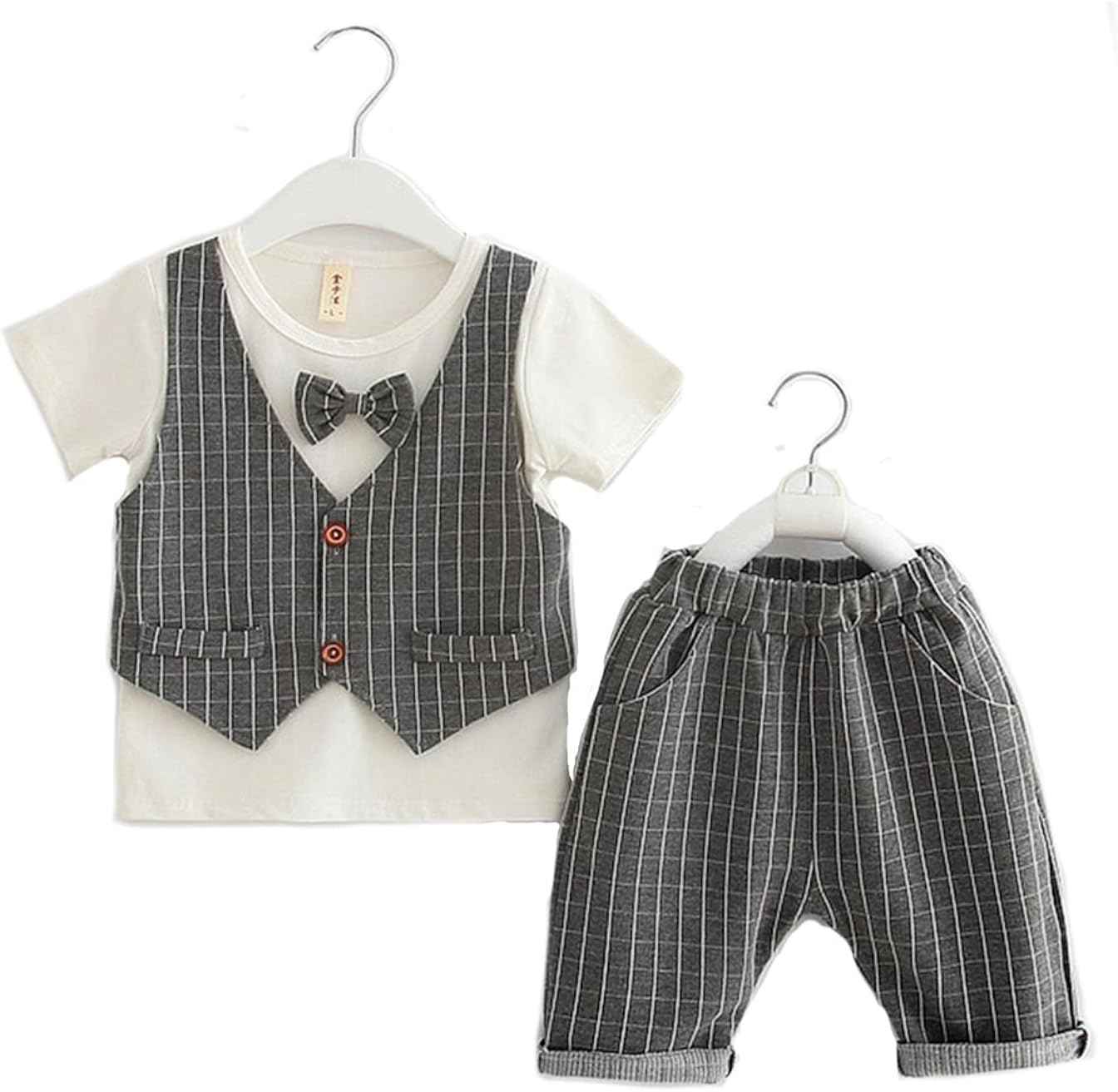 Amazon Co Jp Honey Baby 子供服 ベビー服 スーツ チェック柄 蝶ネクタイtシャツ 上下2点セット 半袖 ベビー服 フォーマル 洋服 紳士風 男の子学式 入園式 卒園式 結婚式 お正月 誕生日 お宮参り 七五三 記念日 出産祝い 80cm グレー 服 ファッション小物