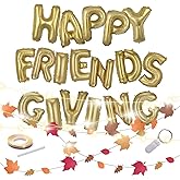 Emuya Friendsgiving Party Decorations - Happy Friendsgiving Decor Banner Set, & PDF Download Foil Balloons Garland, Fairy light, Gold Balloon Letters & 13' Paper Fall Leaf - Table & Backdrop Ideas