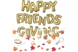 Emuya Friendsgiving Party Decorations - Happy Friendsgiving Decor Banner Set, & PDF Download Foil Balloons Garland, Fairy light, Gold Balloon Letters & 13' Paper Fall Leaf - Table & Backdrop Ideas
