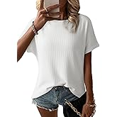 Dokotoo Women's Casual Boat Neck Short Sleeve Waffle Knit Shirts Loose Summer Tunic Tops Blouses