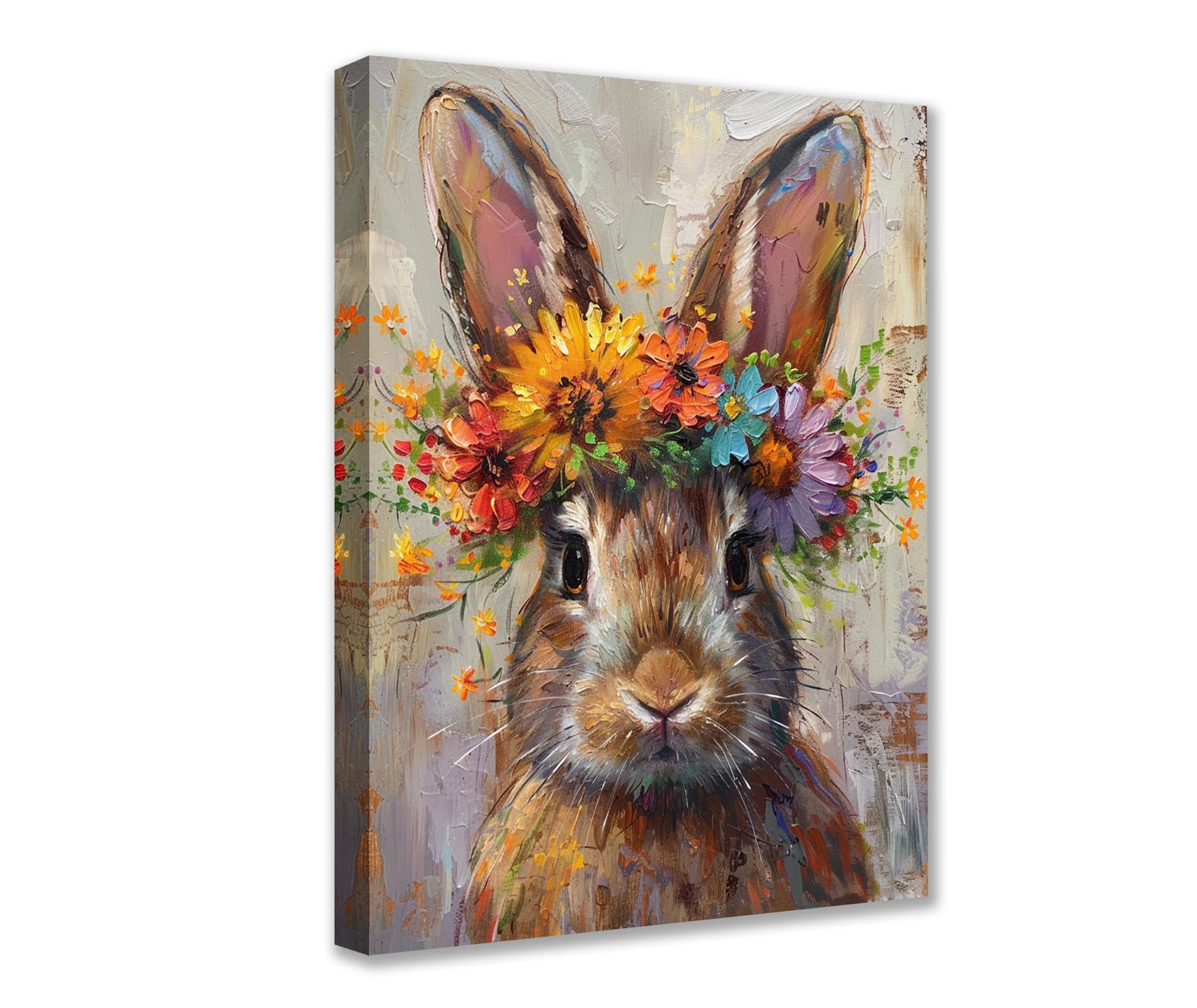 1P Posters Prints Bunny Flower Crown Picture Animals with Flowers on Their Heads Canvas Wall Art Cute Modern Artwork for Living Room Bedroom Home Decor Framed Gallery-Wrapped Ready to Hang 16x24inch