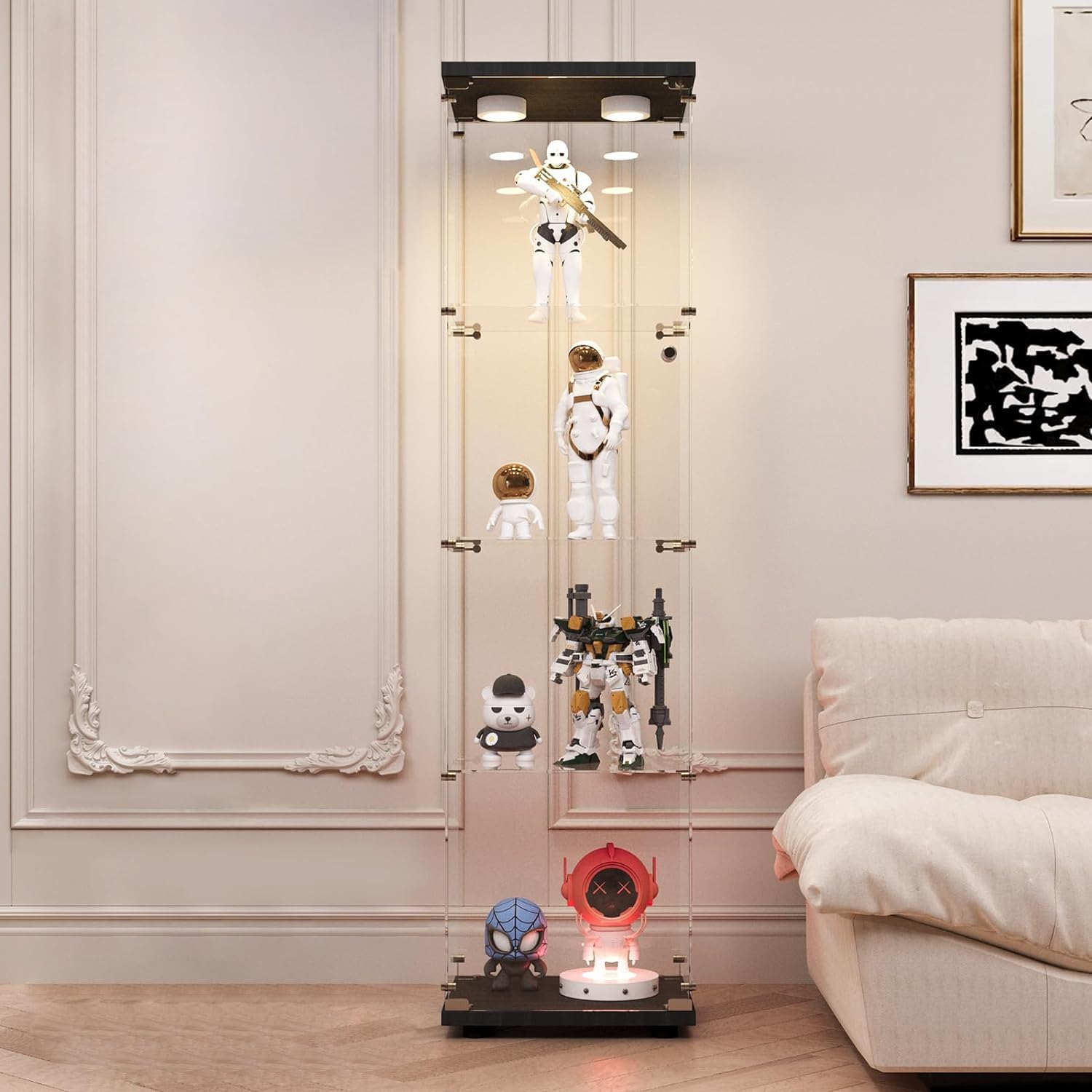 Photo 1 of **SELLING FOR PARTS AS PARTIAL SET. A**LFT HUIMEI2Y Glass Display Cabinet with LED Lights and Lock, 4-Shelf Curio Cabinets with Door, Tempered Glass Collection Display Showcase for Bedroom, Living Room 65”x 17”x 14.5” Black