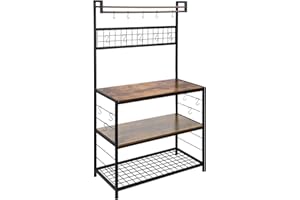 HOMEKOKO Kitchen Bakers Rack with 16 Movable Hooks, 3-Tier Microwave Oven Stand with Storage for Cooking Utensils, Industrial Style Kitchen Storage Shelves for Plates, Pans and Pots (Rustic Brown)