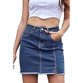 HERBATOMIA Women’s Denim Mini Skirt High Waist Casual Split Hem Washed Frayed A-line Jean Skirts with Pocket for Women