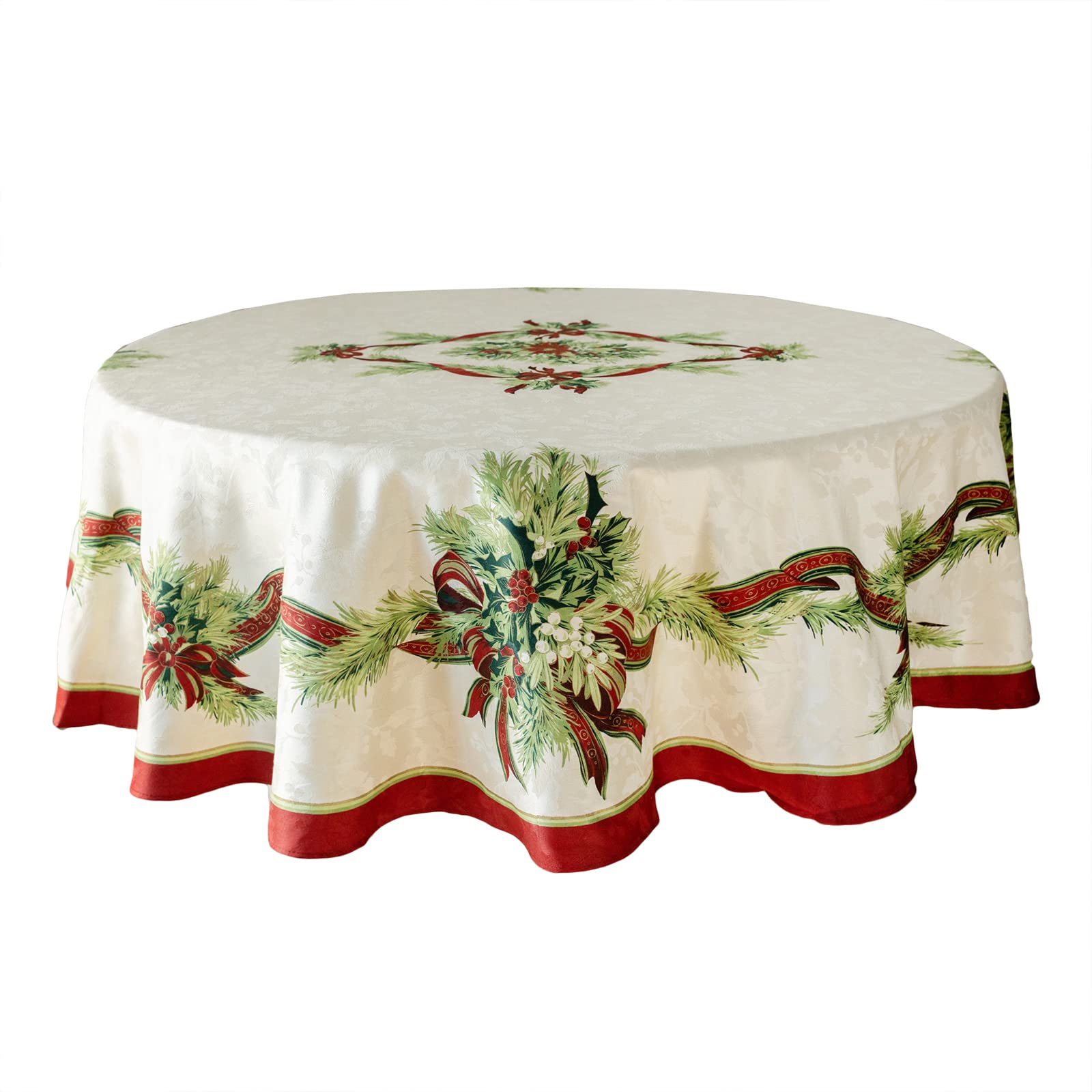 Benson Mills Christmas Ribbons Engineered Printed Fabric Table Cloth