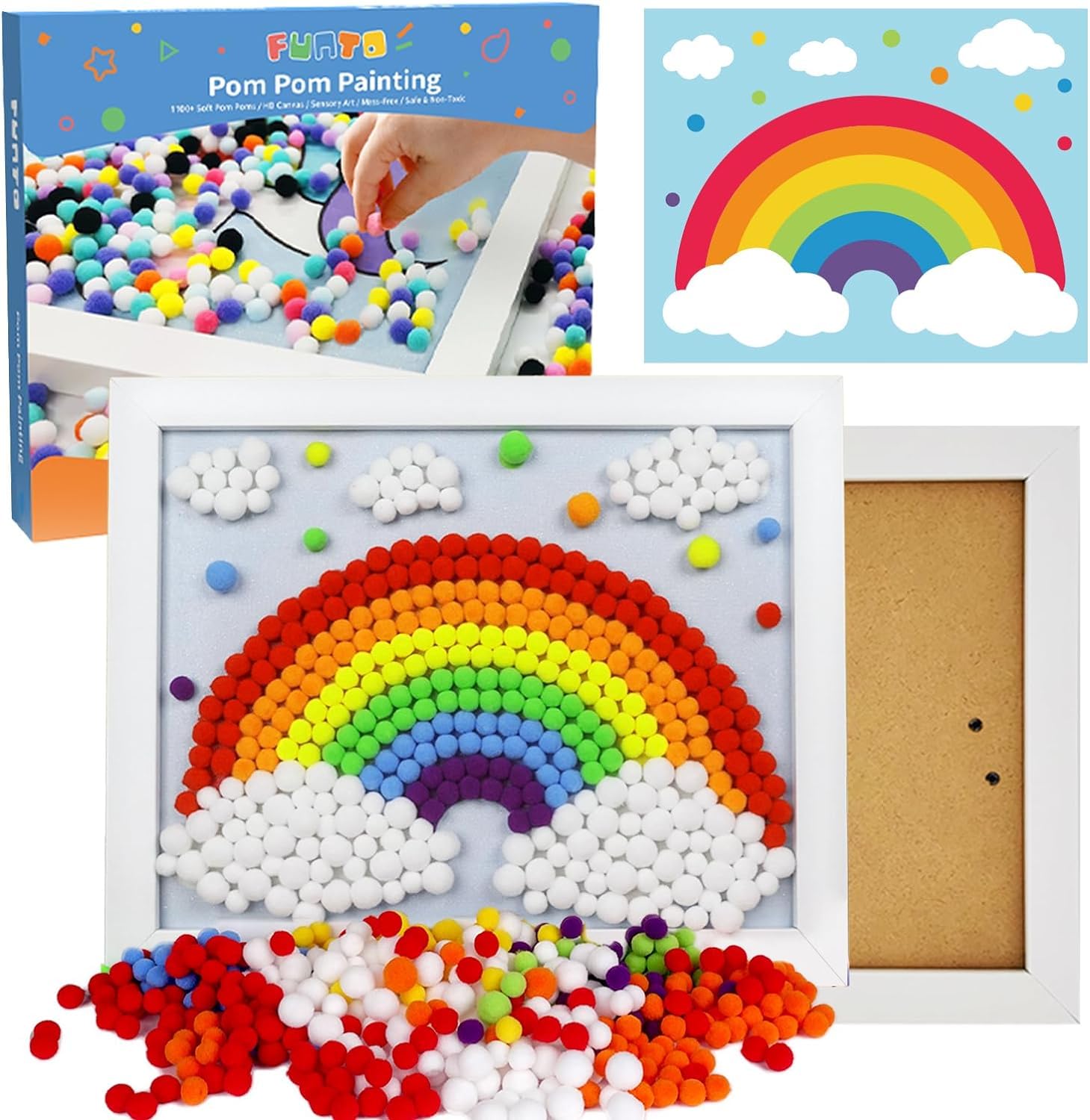 Funto Rainbow Pom Pom Painting Art Kit - 1100+ Colourful Pom Poms and Supplies Included, Canvas and Premium Frame for Home Decor, DIY Painting for Kids and Adults