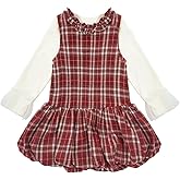 Seuyae Girls Plaid Puff Ruffle Sleeveless Dress Set Long Sleeve Shirt Dresses Fall Outfits 2-8Y