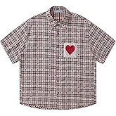 Aelfric Eden Cut-Out Heart Short Sleeve Shirt Collar Button Down Plaid Casual Tshirt Tops