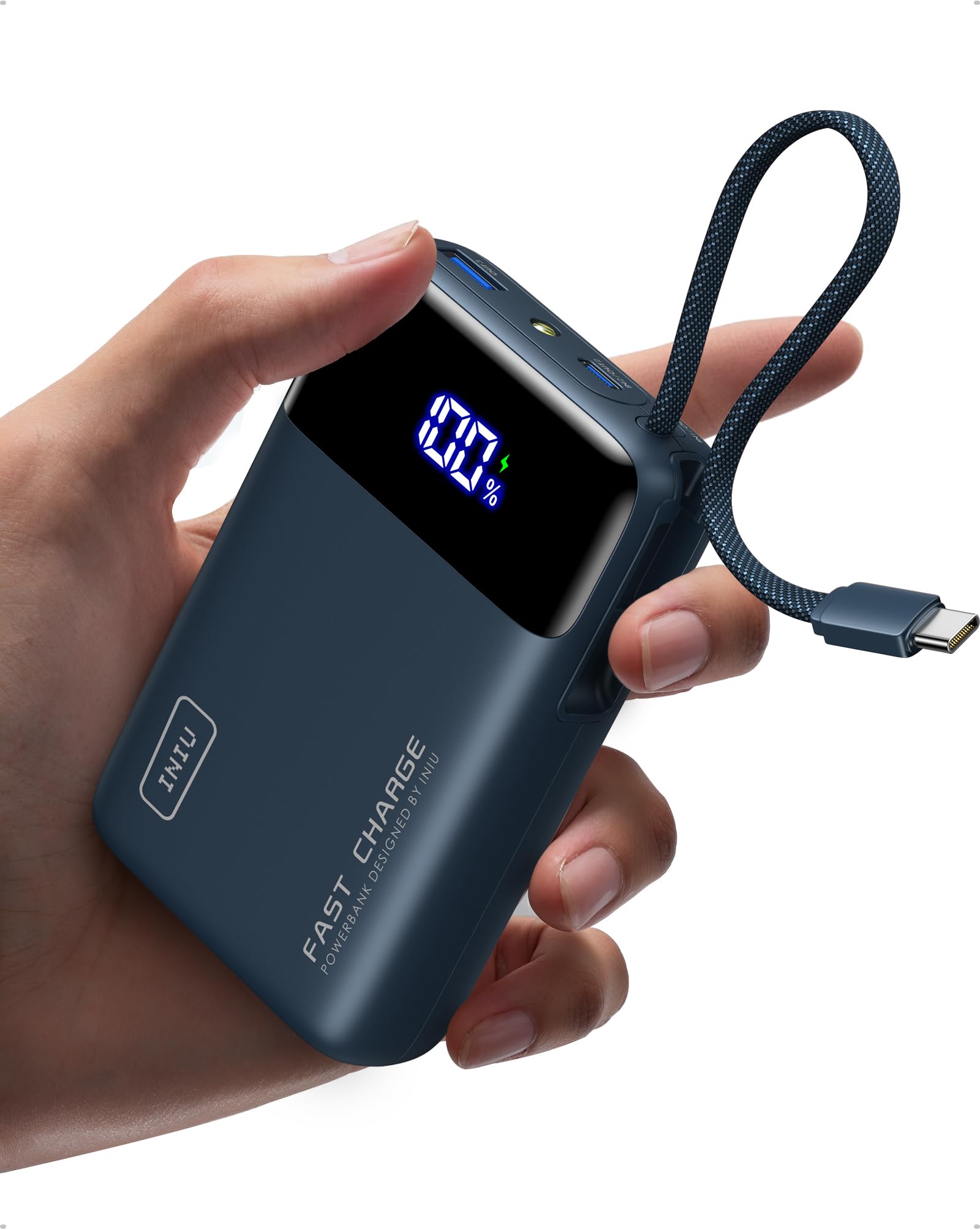 INIU Portable Charger, Small 20000mAh Power Bank with Build in USB-C Cable, 45W Fast Charging Mini Battery Pack, Flight Travel Essentials Phone Charger for College Student Travelers Boys Girls, Blue
