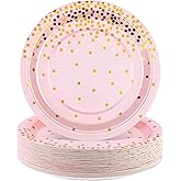 Aneco 60 Pieces 7 Inches Disposable Paper Plates Pink and Gold Foil Dot Dessert Plates Round Paper Plates for Wedding Bridal Shower Birthday Party Decorations