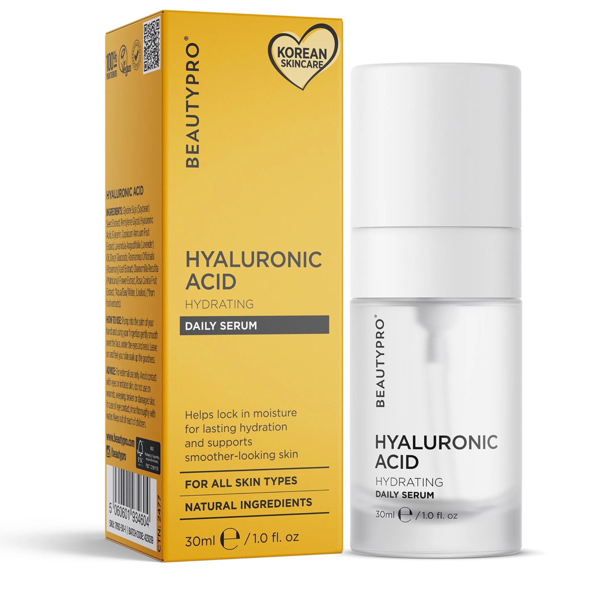 BEAUTYPRO HYALURONIC ACID Serum Daily Face Cream Anti-Ageing Hydrating Antioxidant Anti-Inflammatory Natural Vegan Skincare 100% Plant Based Soybean & Chamomile Multi Award Winning Brand 30ml
