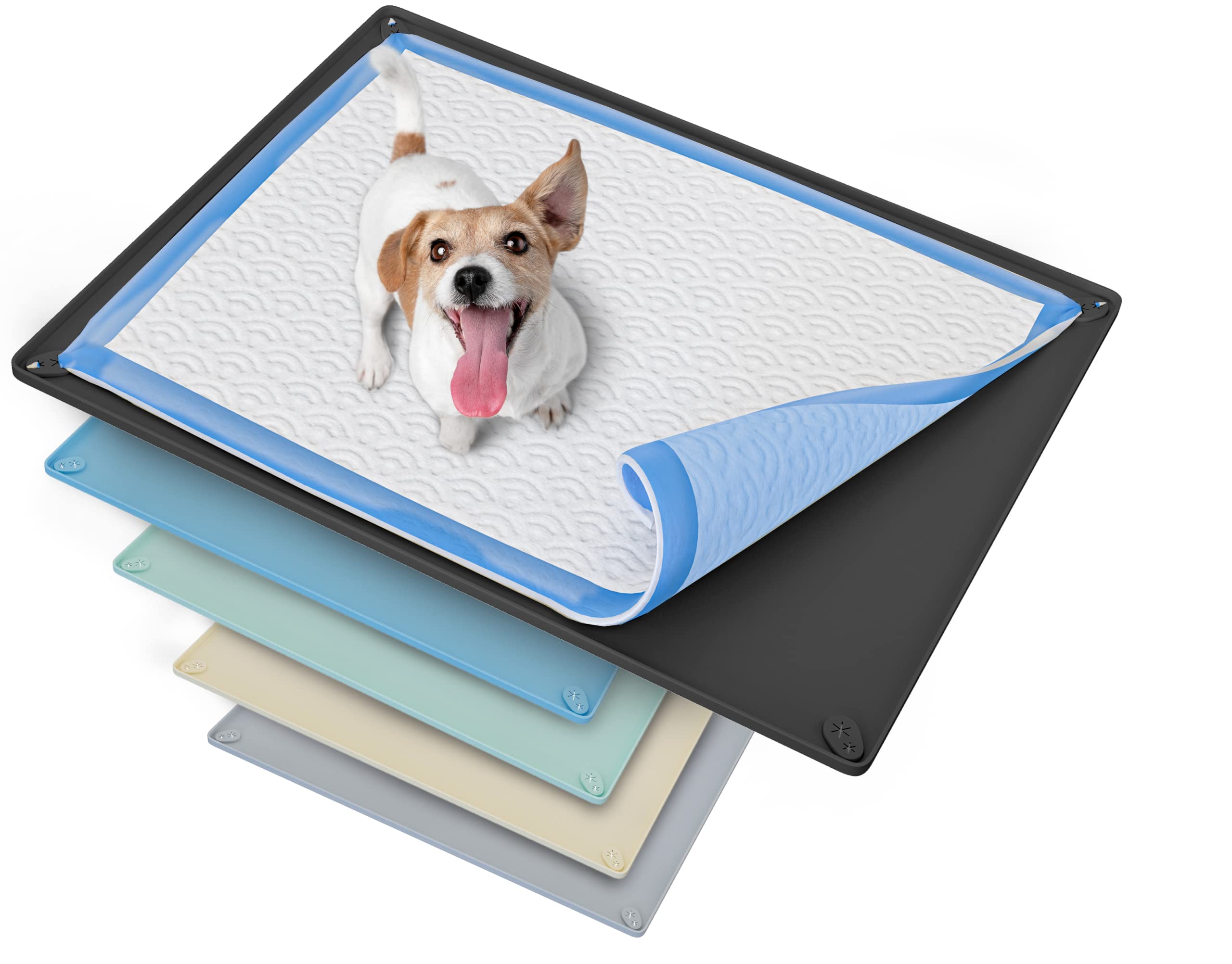 Photo 1 of TidyFriend Dog Pee Pad Holder Tray Fits for 30” x 23” Pee Pads with Corner Lock Holes, Raised Edges, Non-Spill, Easy to Clean Silicone Dog Potty Tray Holder, For Indoor Floor Protection (Black)