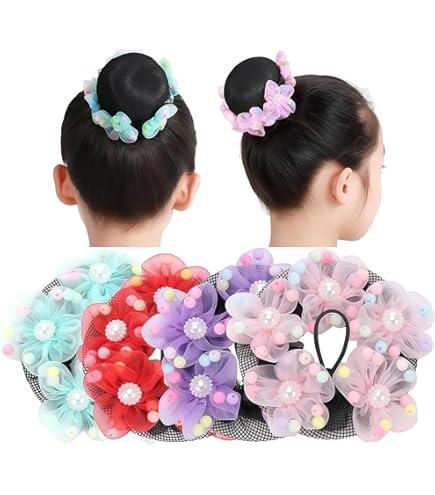 Hair Nets 4pcs Colored Elastic Covers with Flowers for Girls Dancers Skating Amazon.com: 4PCS Girls Ballet Bun Covers Flower with Pearl  main image 4